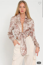 Load image into Gallery viewer, Camel Silky Printed Tie Front Top
