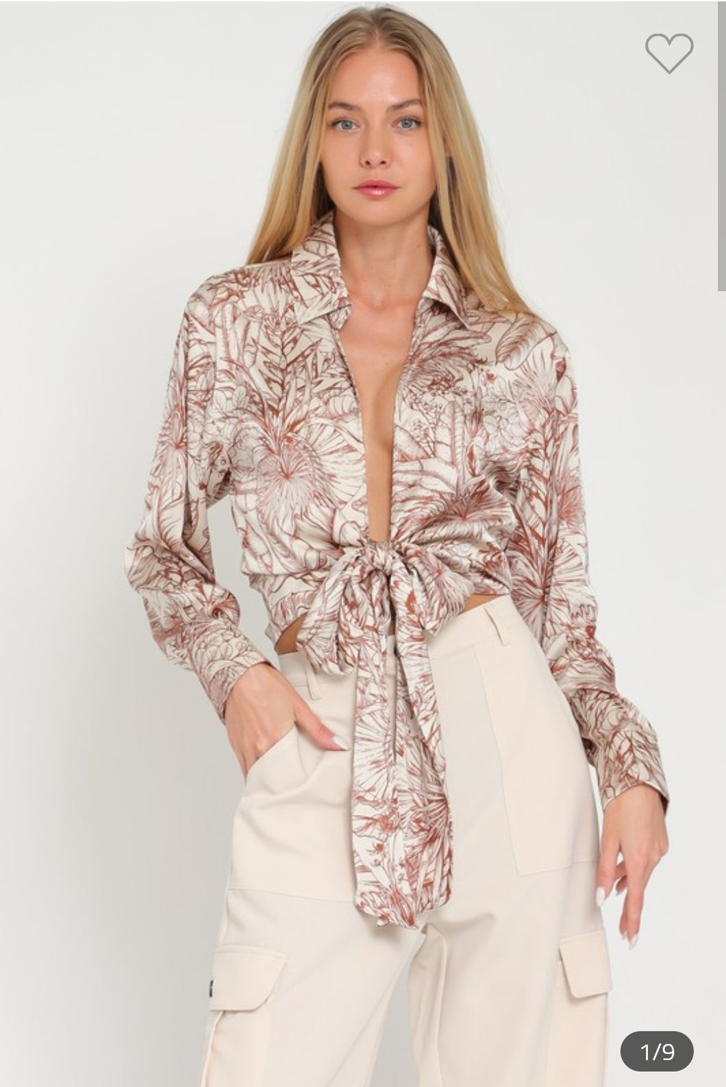 Camel Silky Printed Tie Front Top