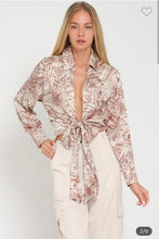 Load image into Gallery viewer, Camel Silky Printed Tie Front Top
